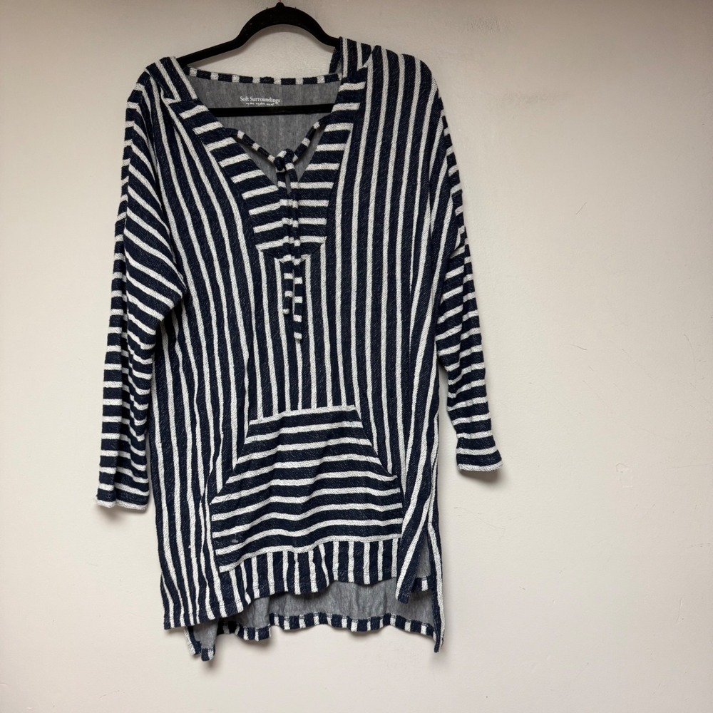 Soft Surroundings Hooded Tunic Women Large Blue White Stripe Excellent 2AC33